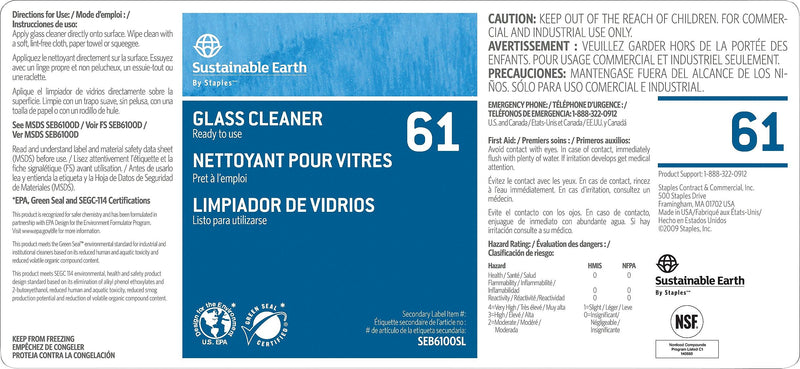 Sustainable Earth™ by Staples® #61 Secondary Label For Glass Cleaner Concentrate (SEB6100SL-CC)