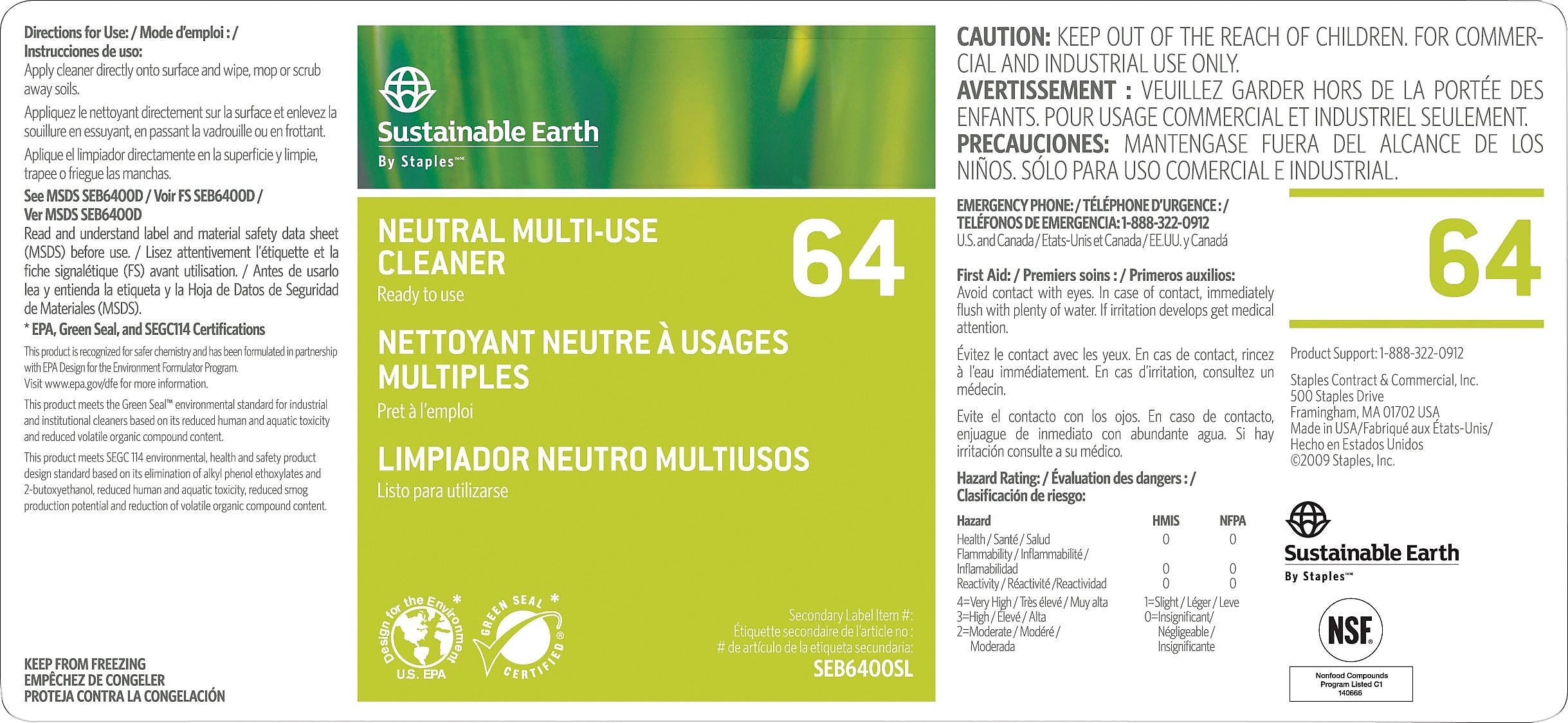 Sustainable Earth by Staples® #64 All Purpose Cleaner Secondary Labels (SEB-6400SL-A)