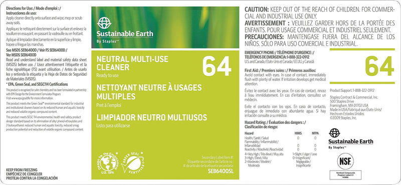 Sustainable Earth by Staples® #64 All Purpose Cleaner Secondary Labels (SEB-6400SL-A)