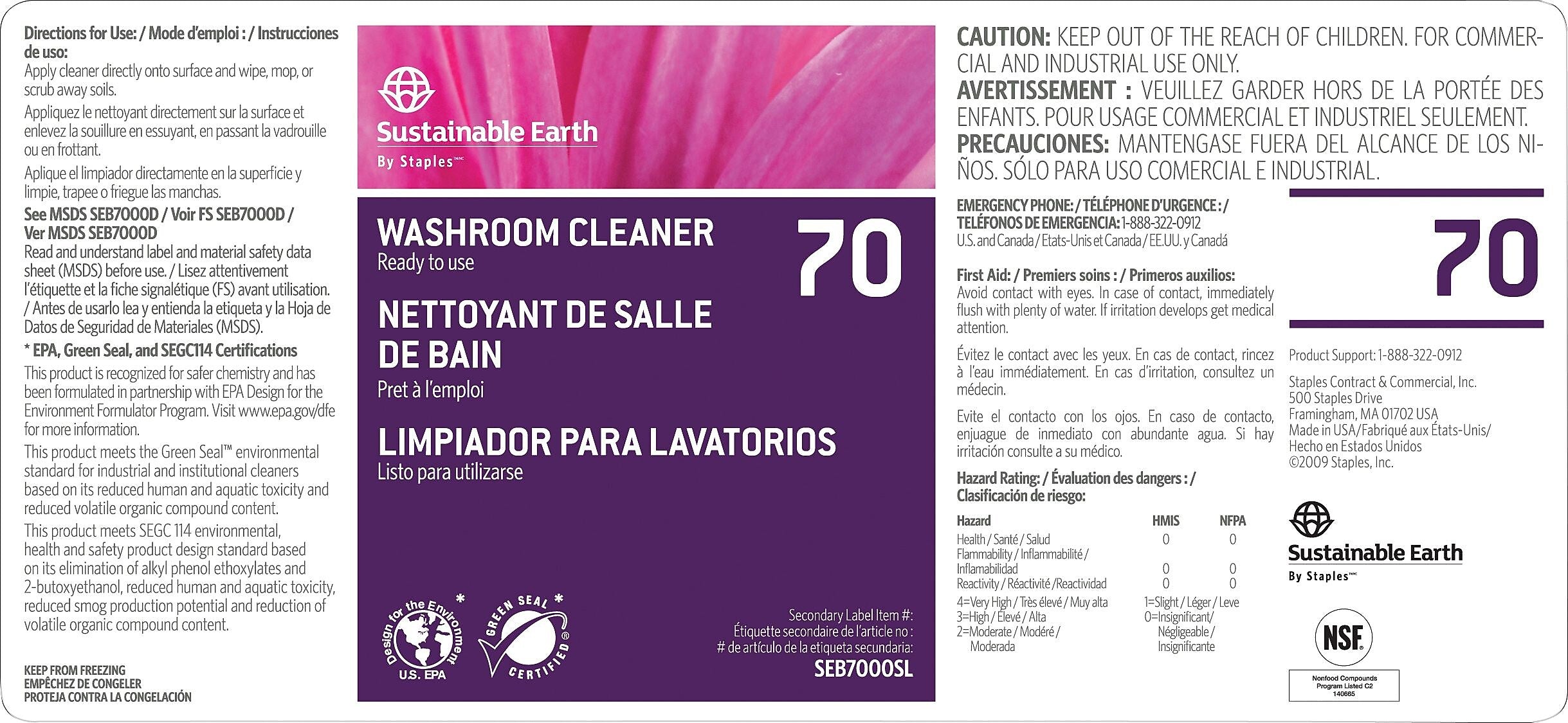 Sustainable Earth™ by Staples® #70 Secondary Labels For Restroom Cleaner Washroom Cleaner (SEB7000SL-A)