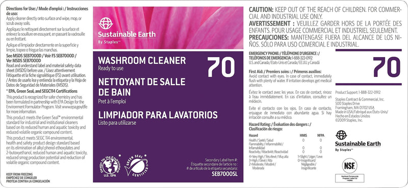 Sustainable Earth™ by Staples® #70 Secondary Labels For Restroom Cleaner Washroom Cleaner (SEB7000SL-A)