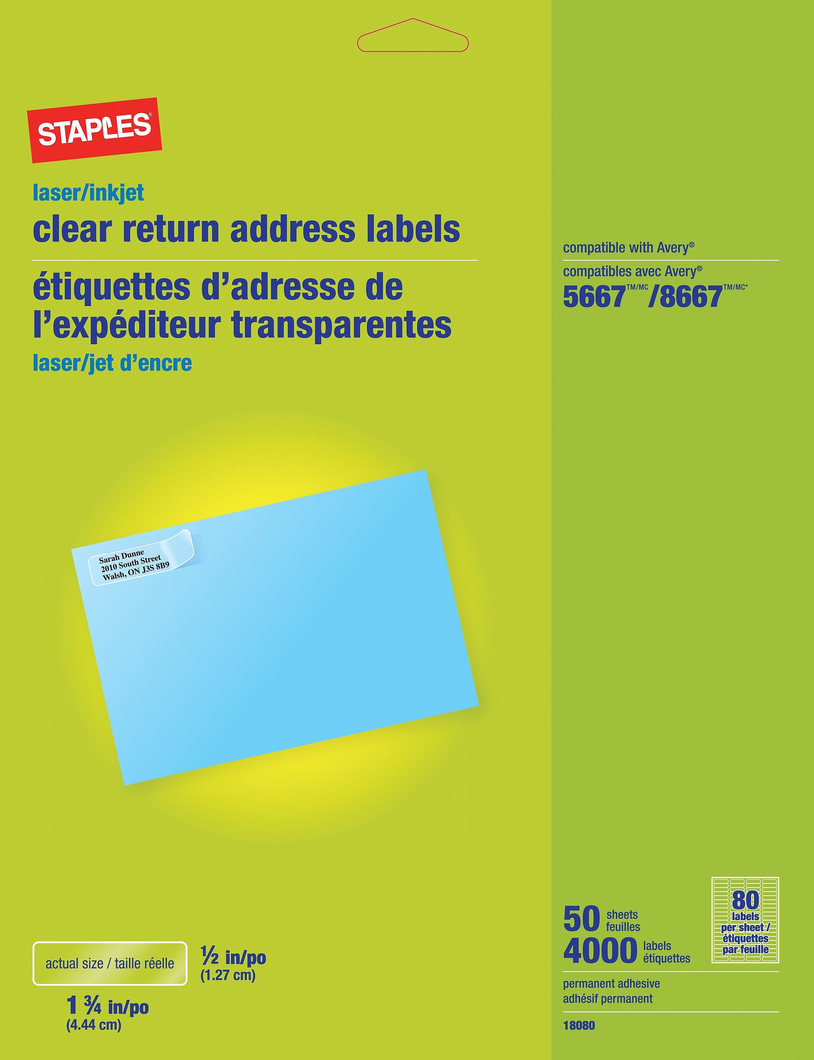 Staples® Inkjet/Laser Return Address Labels, Clear, 1/2"H x 1 3/4"W, 4,000 Labels/Pack (18080CT)