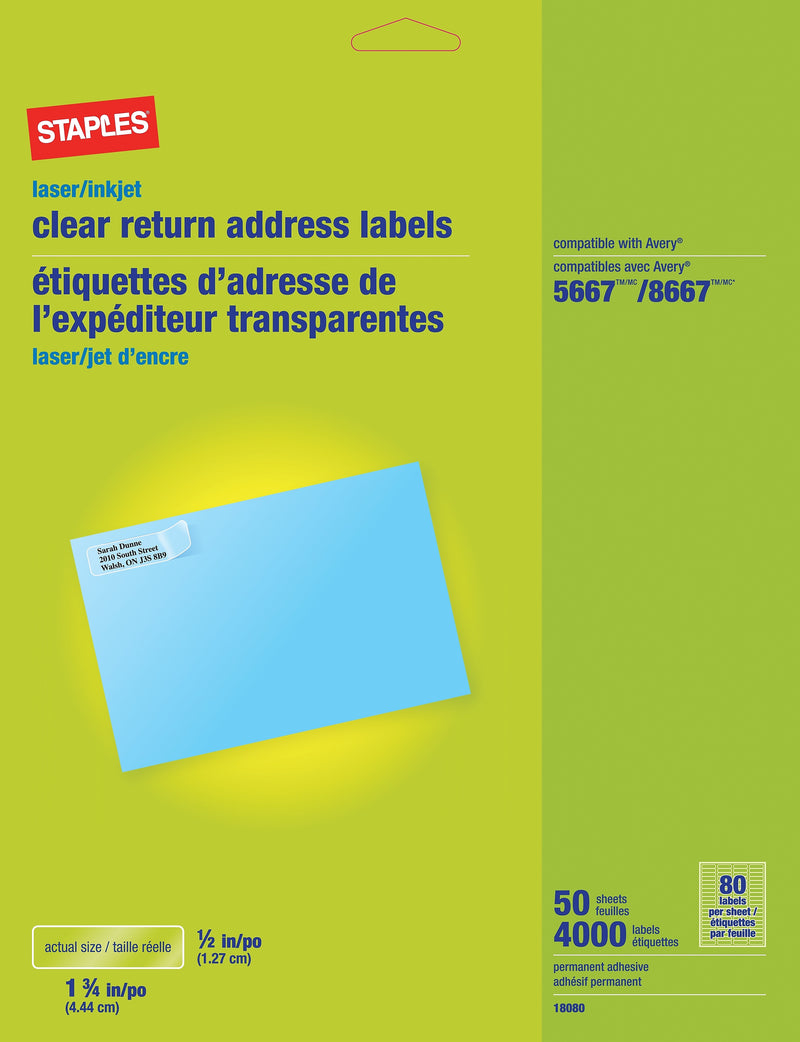 Staples® Inkjet/Laser Return Address Labels, Clear, 1/2"H x 1 3/4"W, 4,000 Labels/Pack (18080CT)