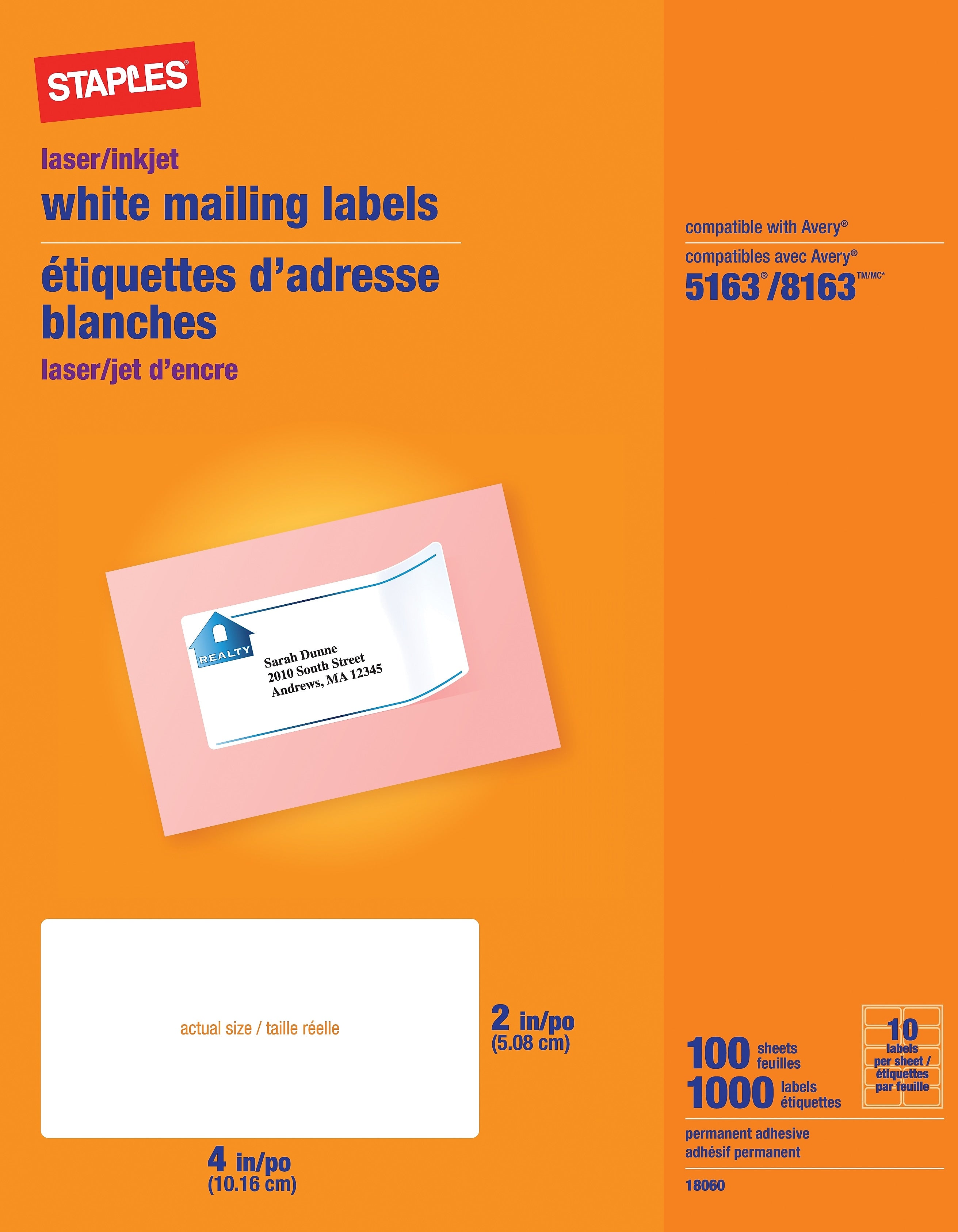 Staples® Inkjet/Laser Shipping Labels, 2" x 4", White, 10 Labels/Sheet, 100/Sheets/Pack (18060CT)