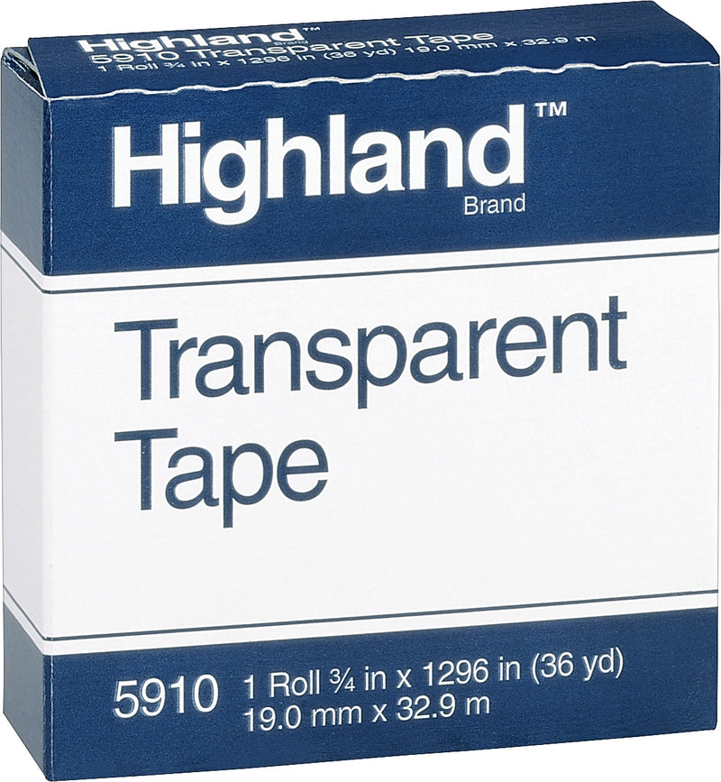 Highland Transparent Clear Tape, 0.75" x 36 yds., 1" Core, Transparent (5910341296)