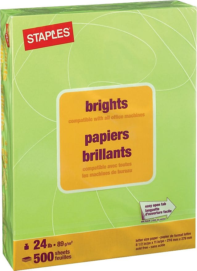 Staples Brights Multipurpose Paper, 24 lbs., 8.5" x 11", Lime, 500/Ream (20105)