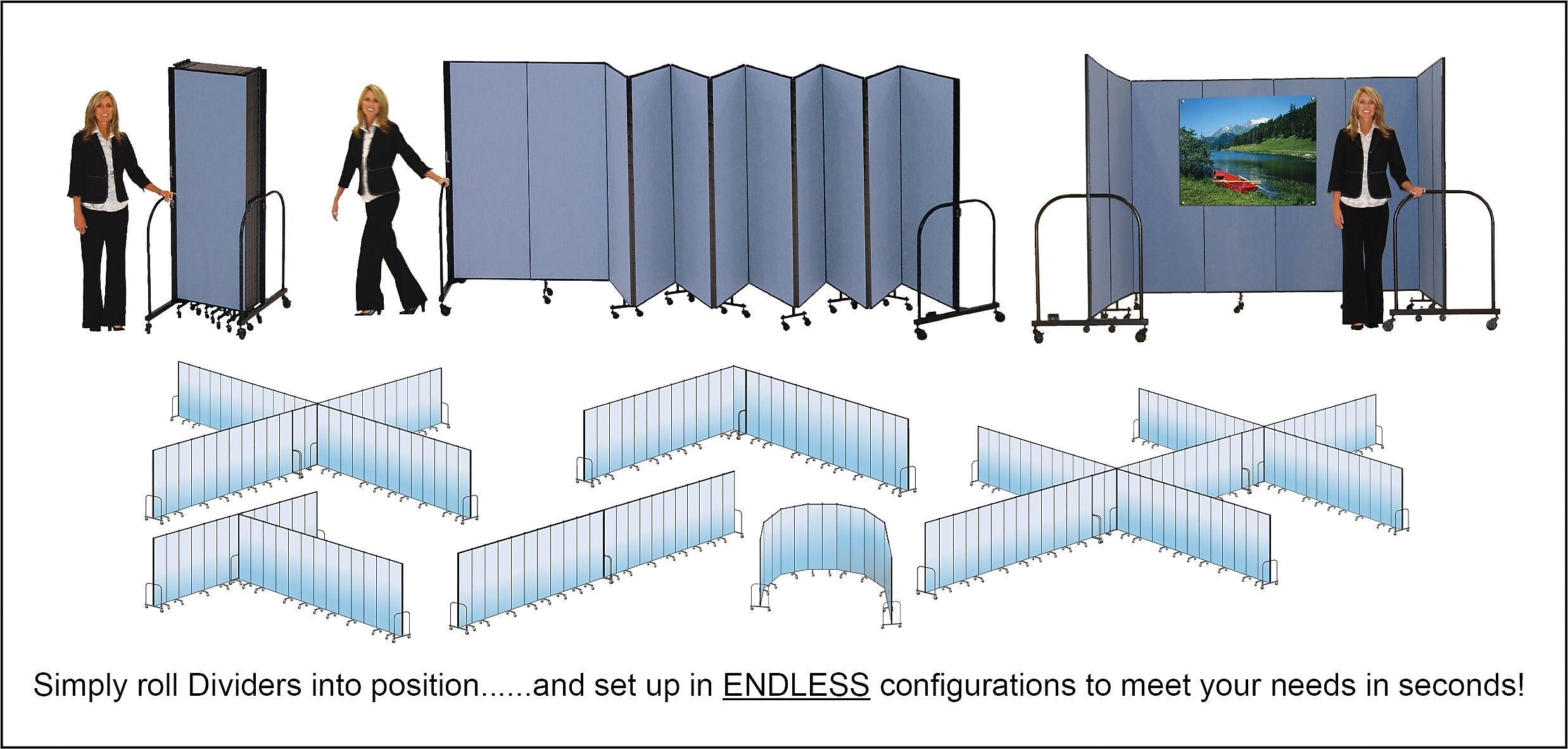 Screenflex® 7-Panel FREEstanding™ Portable Room Dividers, 6'H x 13'1"L, Blue