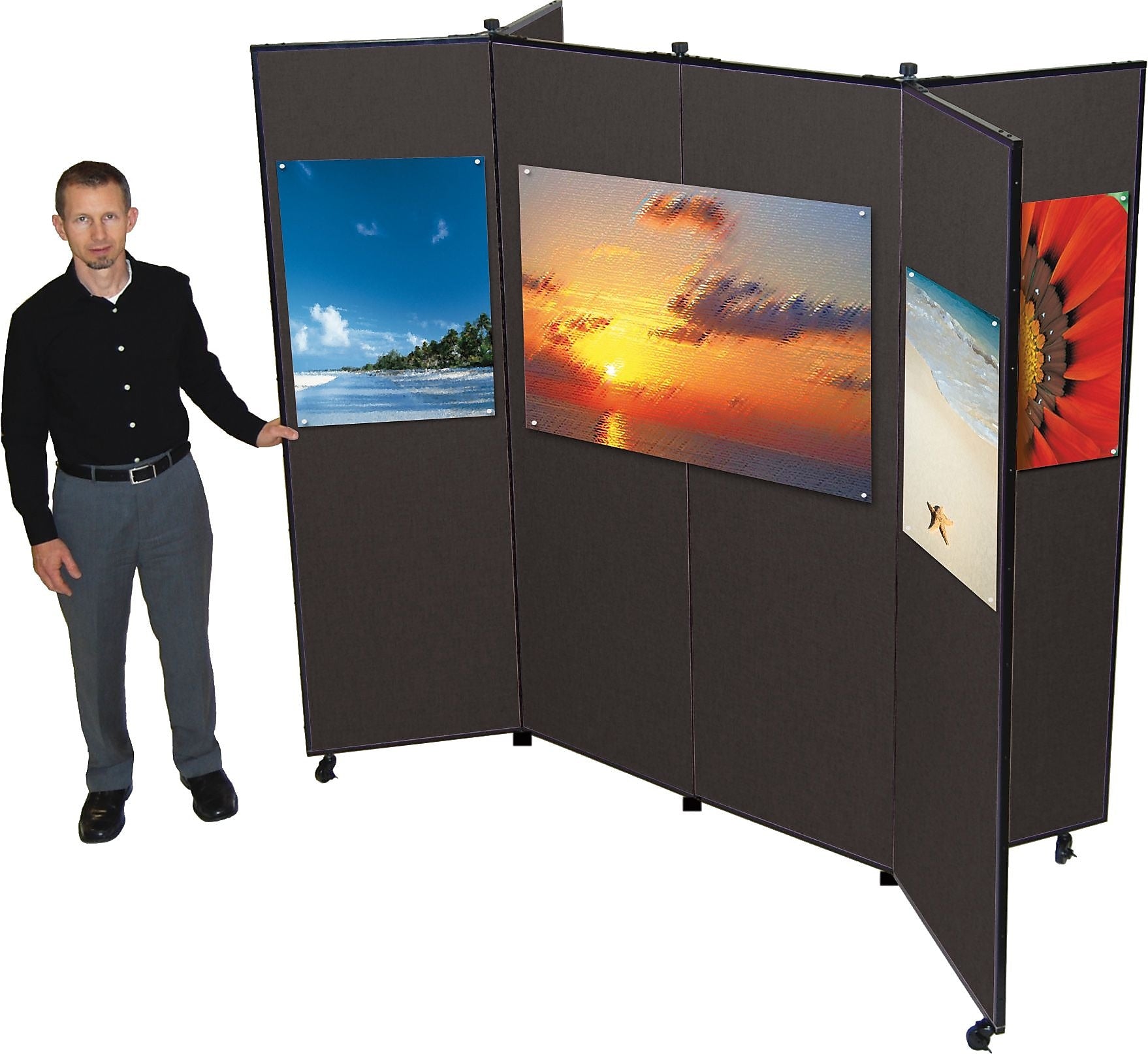 Screenflex Portable Display Tower, 6 Panels, Charcoal Black, 69"H x 72"W x 36"D
