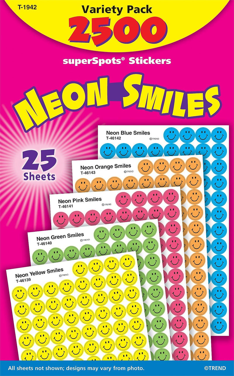 superSpots® Sticker Variety Pack, Neon Smiles, 2,500 per Pack