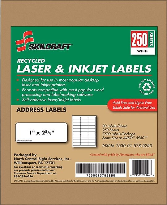 AbilityOne Recycled Address Labels, Inkjet/Laser, 1" x 2 5/8", 250 Sh/Bx, White