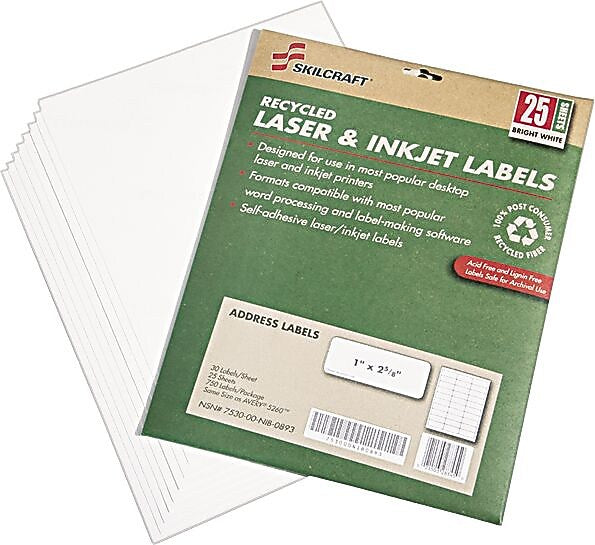 AbilityOne Recycled Address Labels, Inkjet/Laser,1" x 2 5/8", 25 Sh/Bx, White