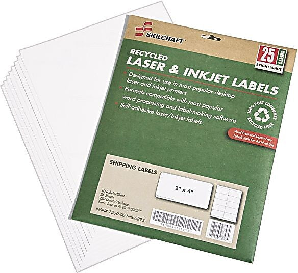 AbilityOne Recycled Shipping Labels, Inkjet/Laser, 2" x 4", 25 Sh/Pk, White