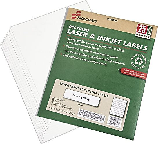 AbilityOne Recycled File Folder Labels, 15/16" x 3 7/16", 25 Sh/Pk, White
