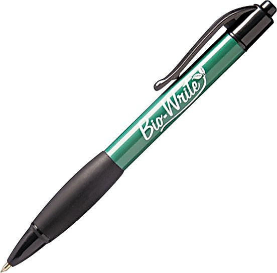 AbilityOne SkilCraft Bio-Write Retractable Ballpoint Pen, Medium Point, Black Ink / Black and Green Barrel