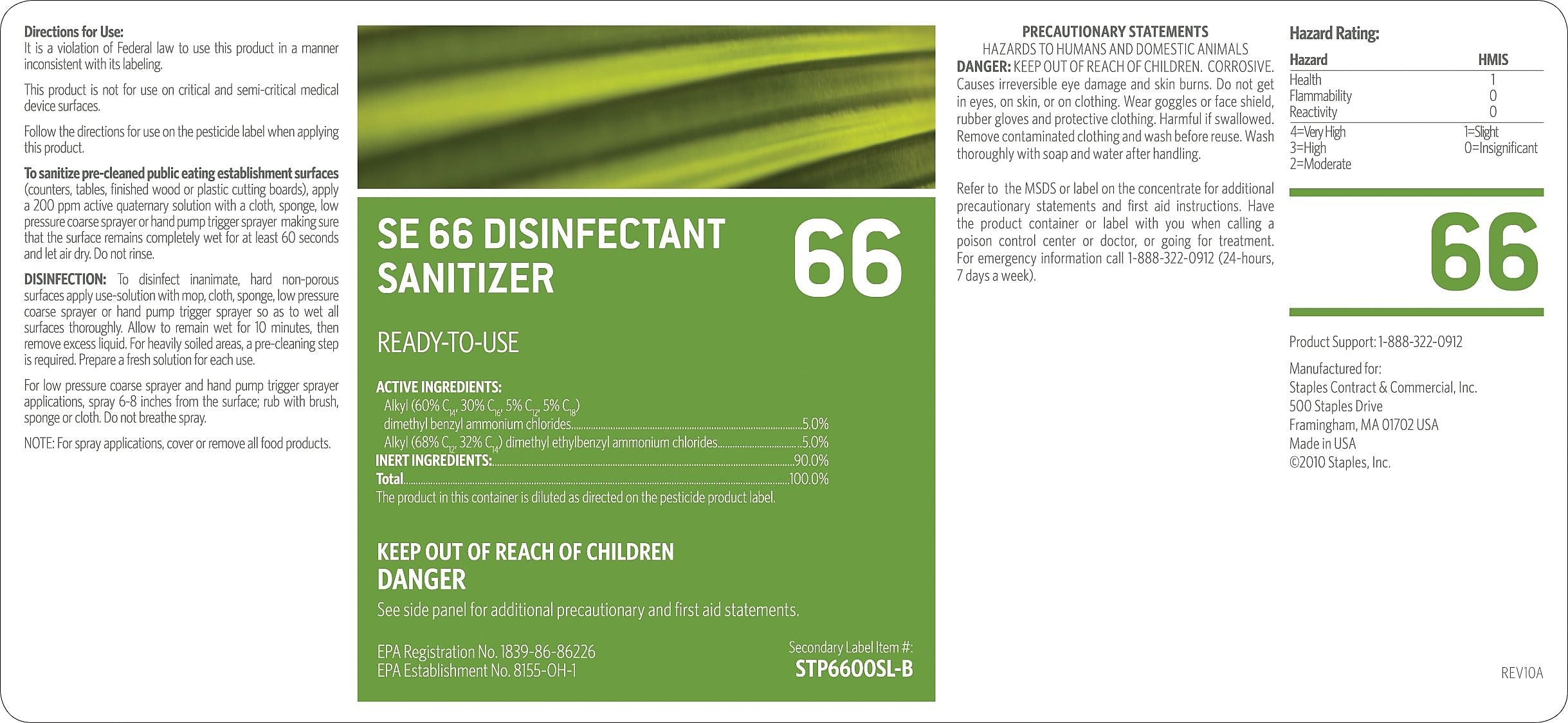 Staples® #66 Secondary Label For Disinfectant Cleaner (STP-6600SL-B)