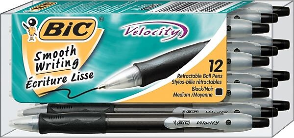 BIC Velocity Retractable Ballpoint Pens, Medium Point, Black Ink, Dozen (16264/VLG11)
