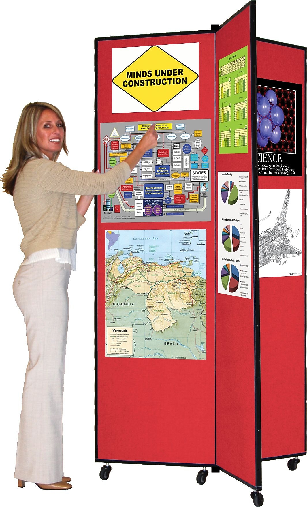 Screenflex Portable Display Tower, 3 Panels, Primary Red, 77"H x 36"W x 36"D