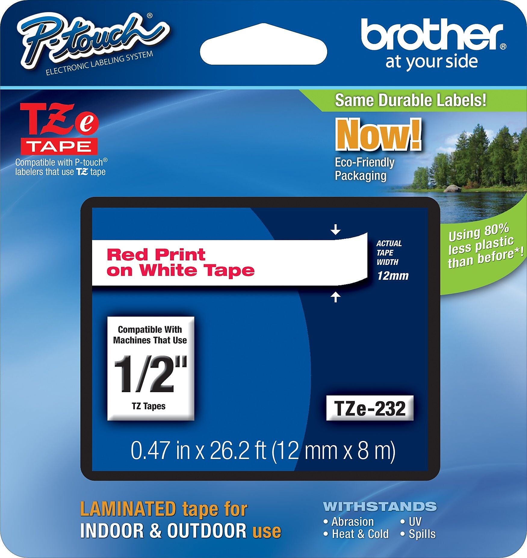 Brother P-touch TZe-232 Laminated Label Maker Tape, 1/2" x 26-2/10', Red On White, 6/Pack (TZe-232CT)