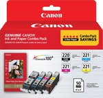 Canon 220/221 Black/Cyan/Magenta/Yellow Standard Yield Ink Cartridge with 50 Sheets 4x6 Photo Paper, 4/Pack (2945B011)