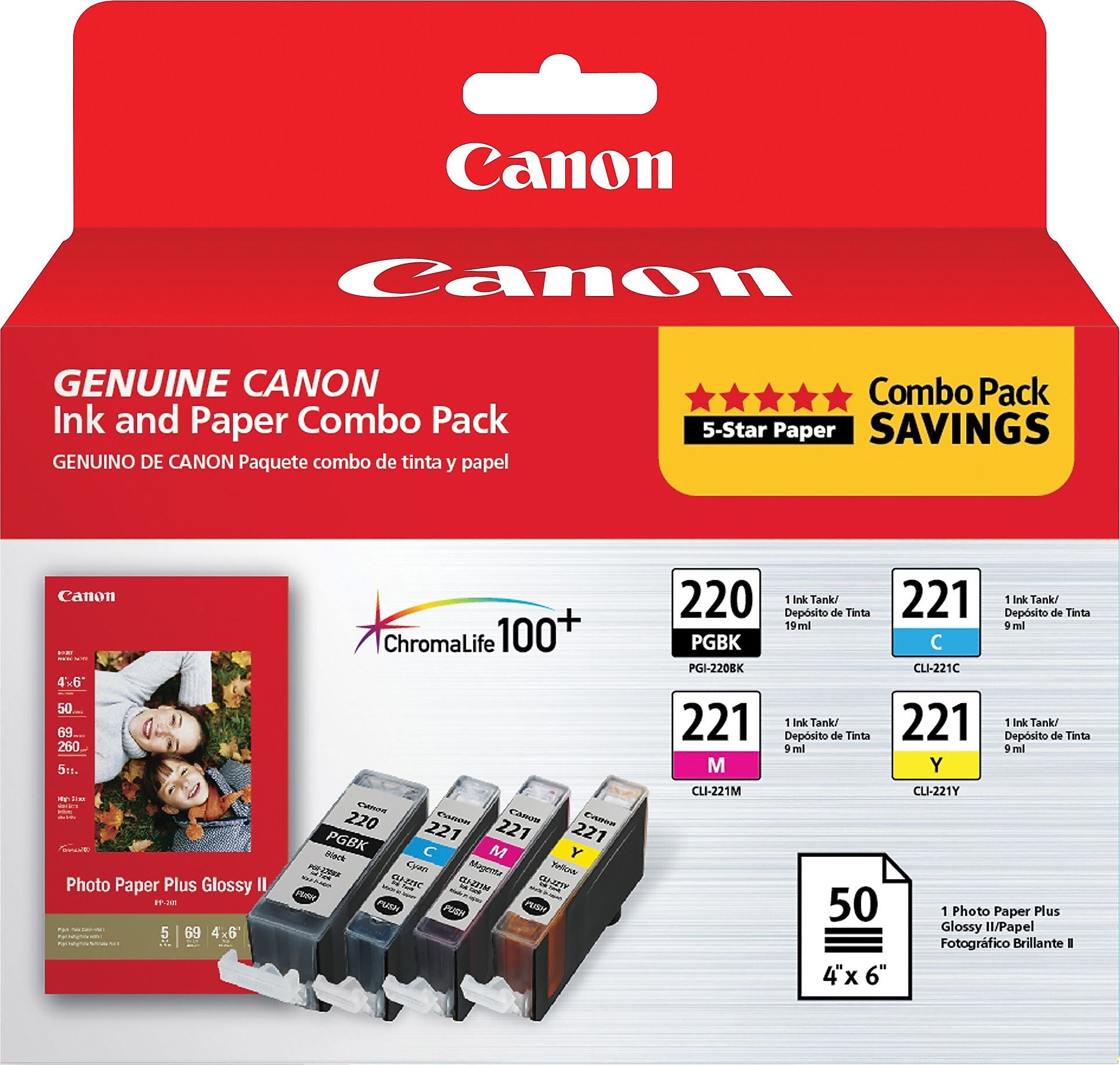 Canon 220/221 Black/Cyan/Magenta/Yellow Standard Yield Ink Cartridge with 50 Sheets 4x6 Photo Paper, 4/Pack (2945B011)