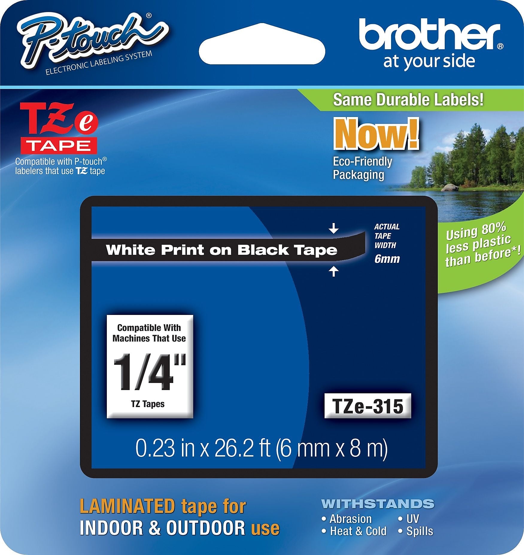 Brother P-touch TZe-315 Laminated Label Maker Tape, 1/4" x 26-2/10', White on Black (TZe-315)
