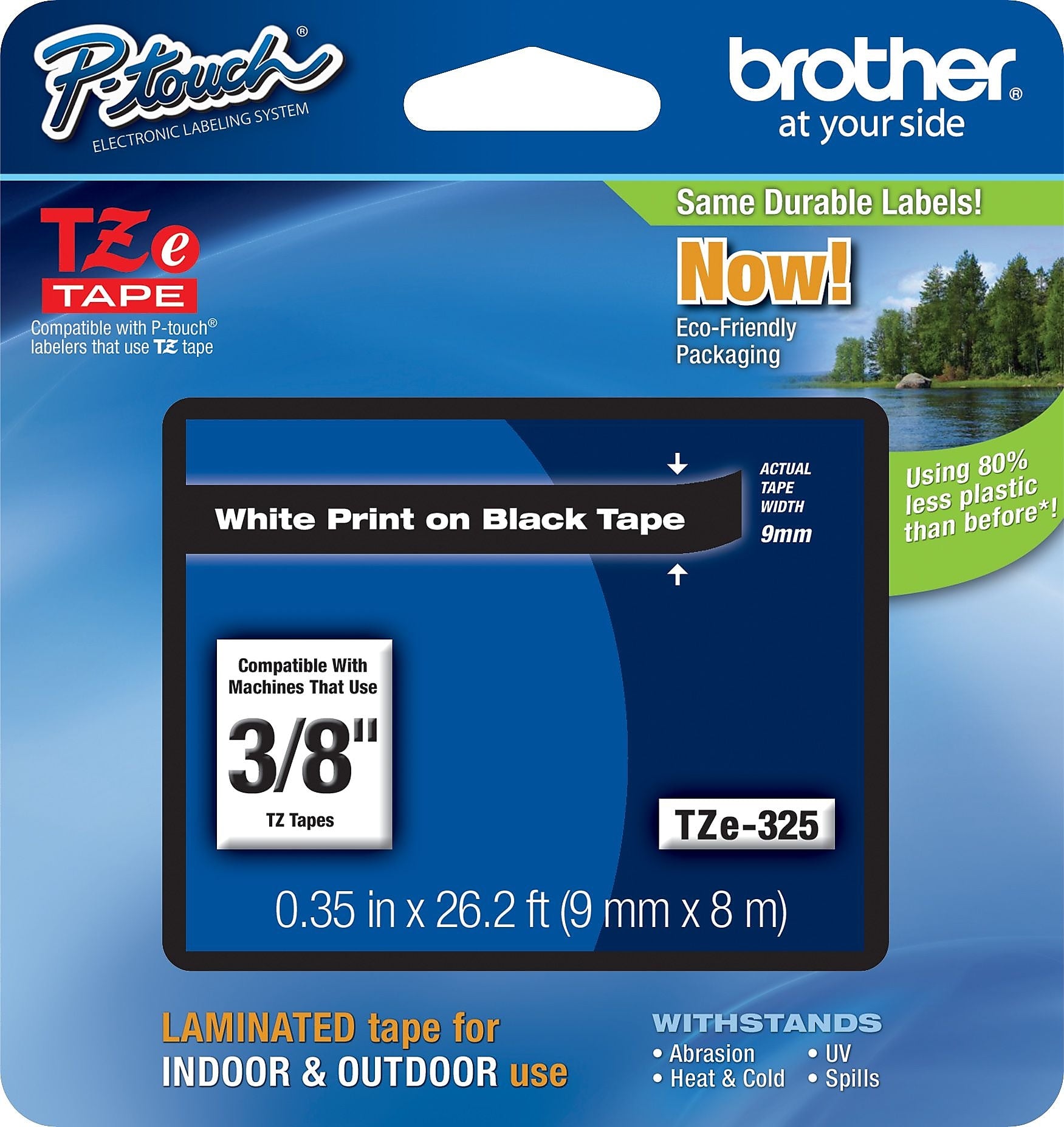 Brother P-touch TZe-325 Laminated Label Maker Tape, 3/8" x 26-2/10', White on Black (TZe-325)