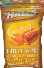 Halls Cough Reliever for Sore Throat, Cough, Nasal Congestion, Honey Lemon, 30 Drops/Bag, 12 Bags/Box