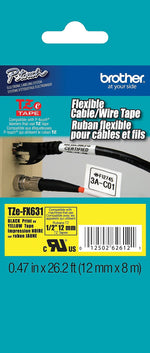 Brother P-touch TZe-FX631 Laminated Flexible ID Label Maker Tape, 1/2" x 26-2/10', Black on Yellow (TZe-FX631)