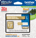 Brother P-touch TZe-MQ835 Laminated Label Maker Tape, 1/2" x 16-4/10', White on Satin Gold (TZe-MQ835)