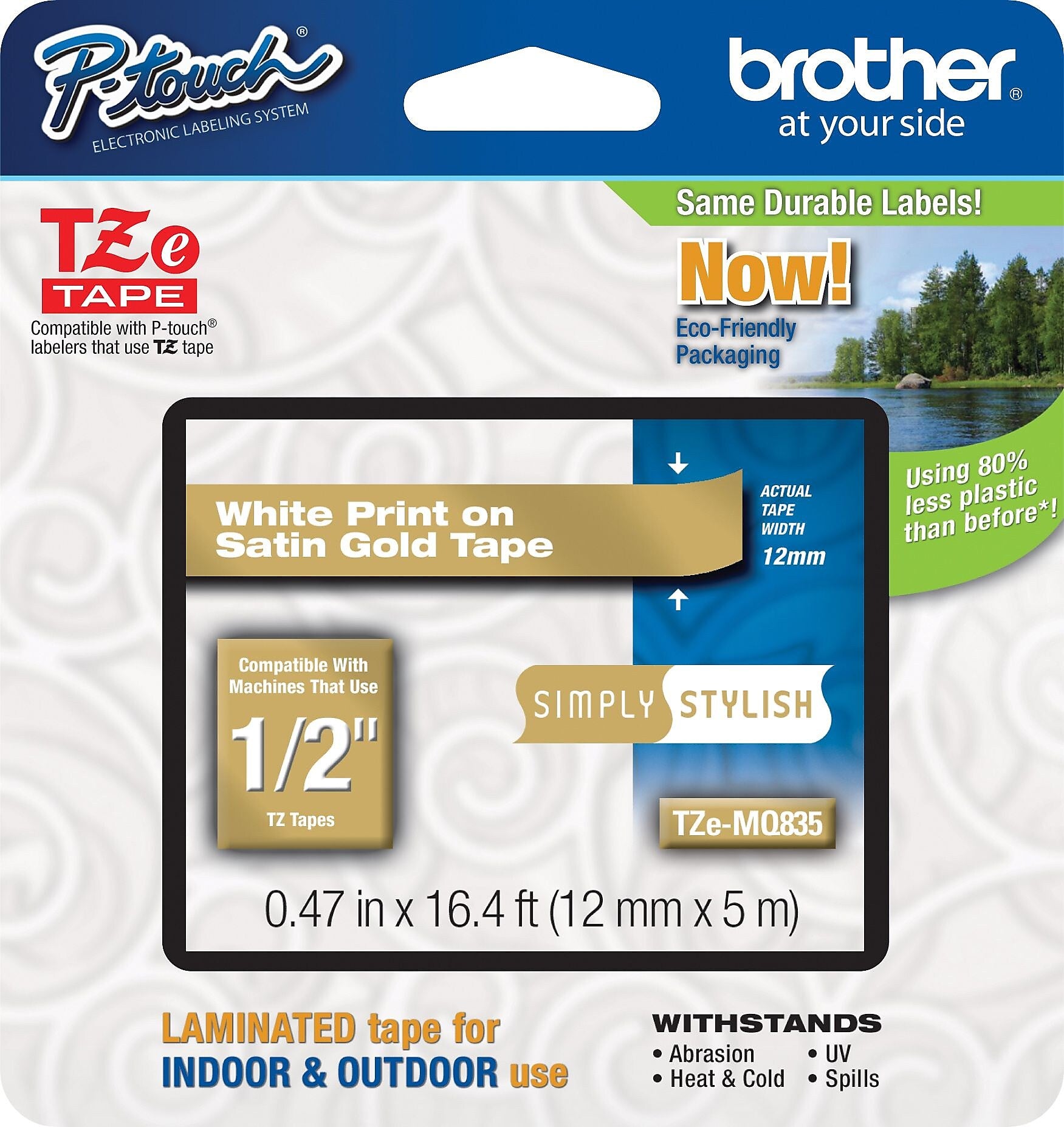 Brother P-touch TZe-MQ835 Laminated Label Maker Tape, 1/2" x 16-4/10', White on Satin Gold (TZe-MQ835)