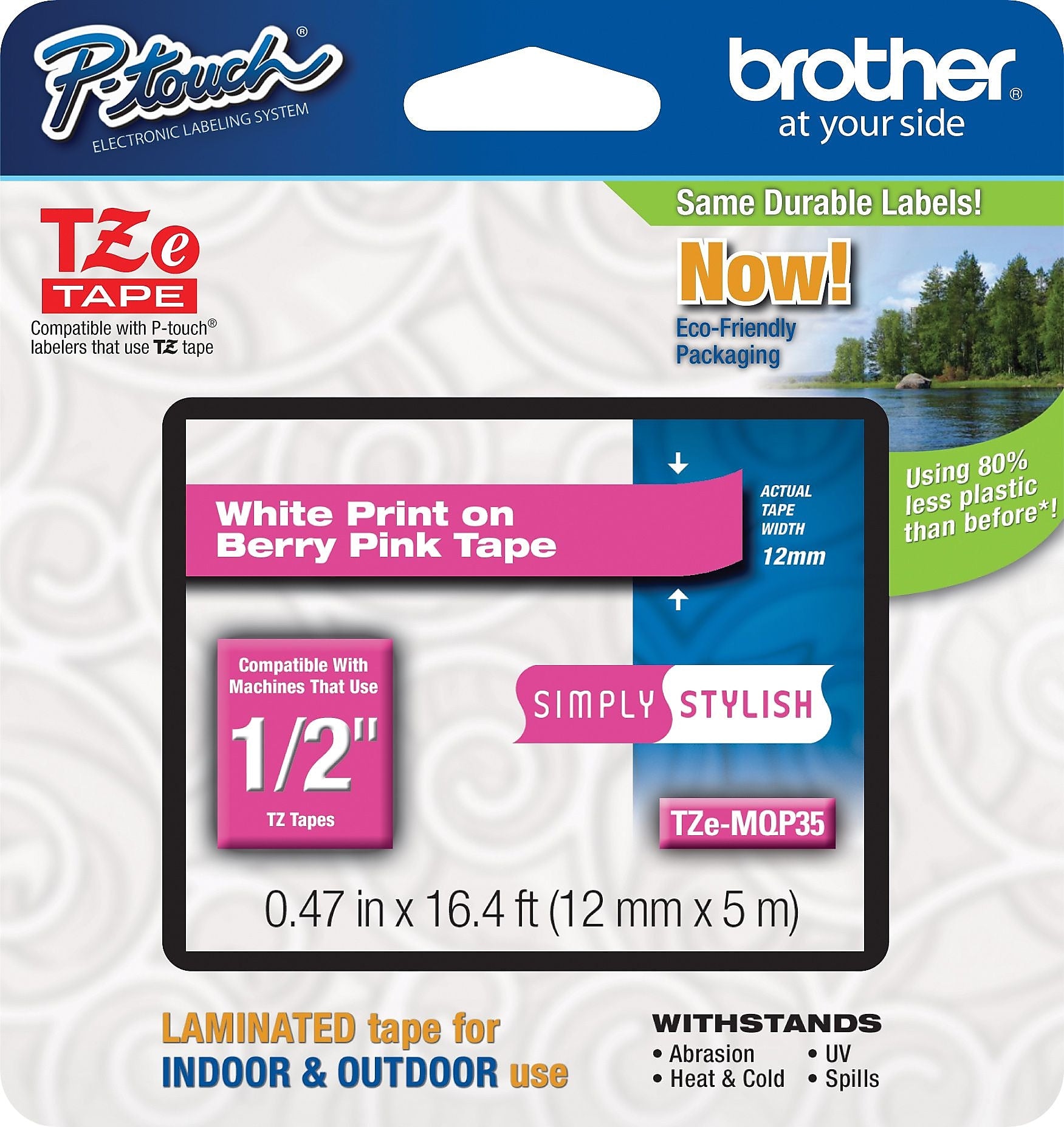 Brother P-touch TZe-MQP35 Laminated Label Maker Tape, 1/2" x 16-4/10', White on Berry Pink (TZe-MQP35)
