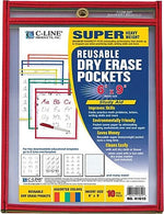 C-Line Reusable Dry Erase Pockets, Assorted Primary Colors, 6" x 9", 10/PK