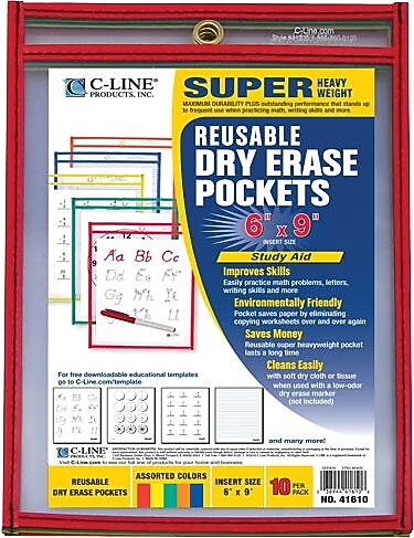 C-Line Reusable Dry Erase Pockets, Assorted Primary Colors, 6" x 9", 10/PK