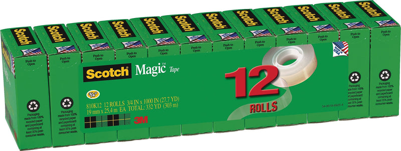 Scotch Magic Invisible Clear Tape, 0.75" x 27.77 yds., 1" Core, Clear, 12 Rolls/Pack (810K12CASE)