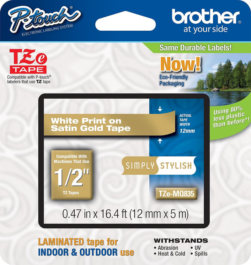 Brother P-touch TZe-MQ835 Laminated Label Maker Tape, 1/2" x 16-4/10', White on Satin Gold (TZe-MQ835)