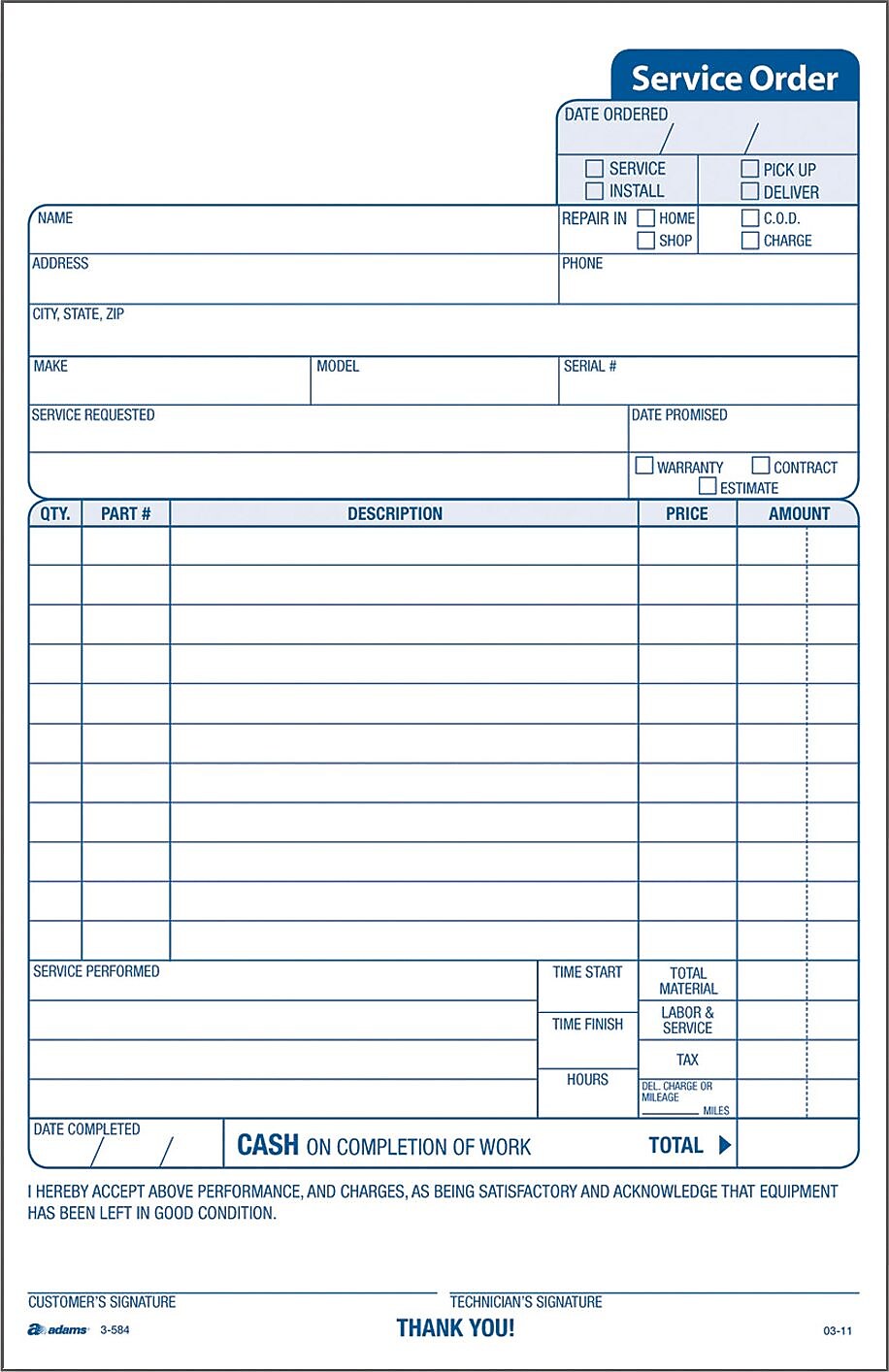 Adams 3-Part Carbonless Work Orders, 5-2/3" x 9", 250 Sets/Book (3-584)