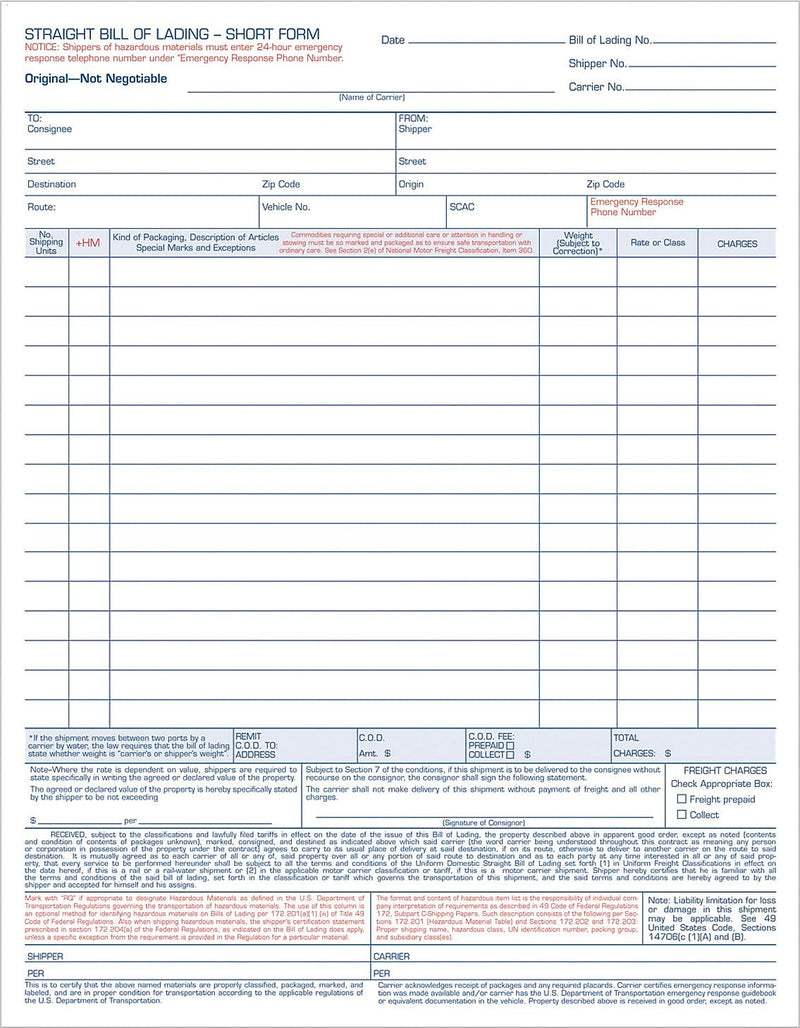 TOPS® Bill of Lading Unit Set, Ruled, 4-Part Carbonless, 11-7/16" x 8-1/2", 50/Pack (3847)