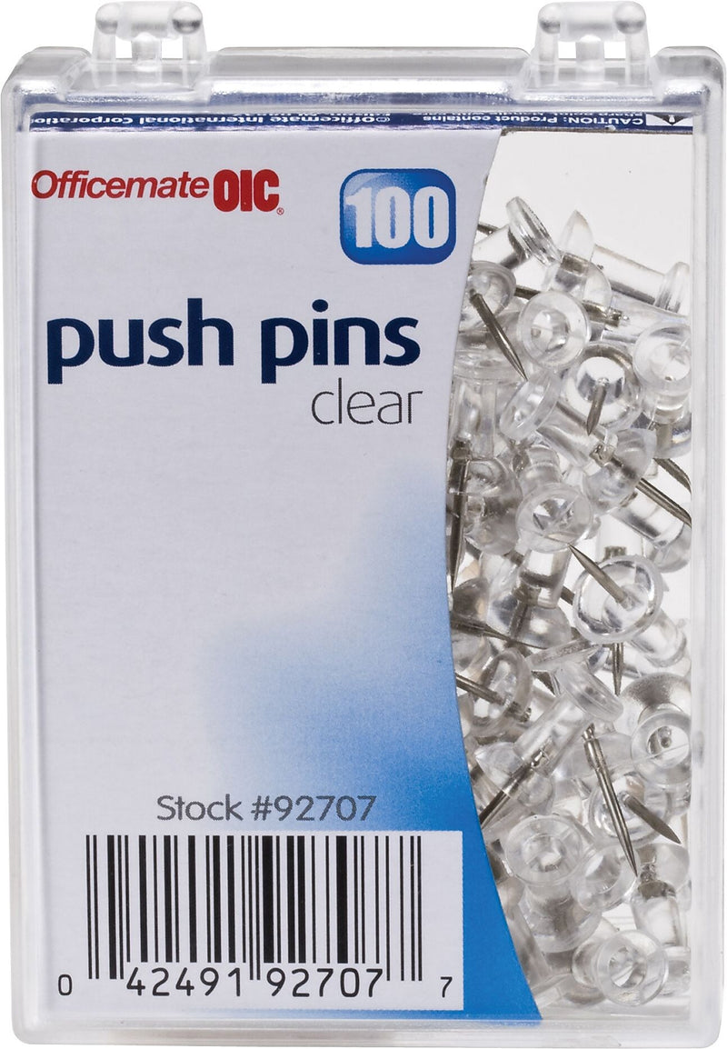 OIC Push Pins, 1/4" Plastic Heads, Clear, 100 Boxes Per Carton (92707CT)