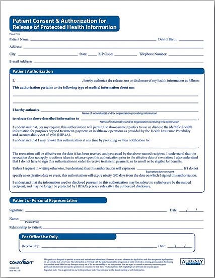 ComplyRight HIPAA Patient Consent and Authorization Form (A1350)