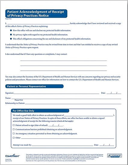 ComplyRight Patient Acknowledgment of Receipt of Privacy Practices Notice (A1354)