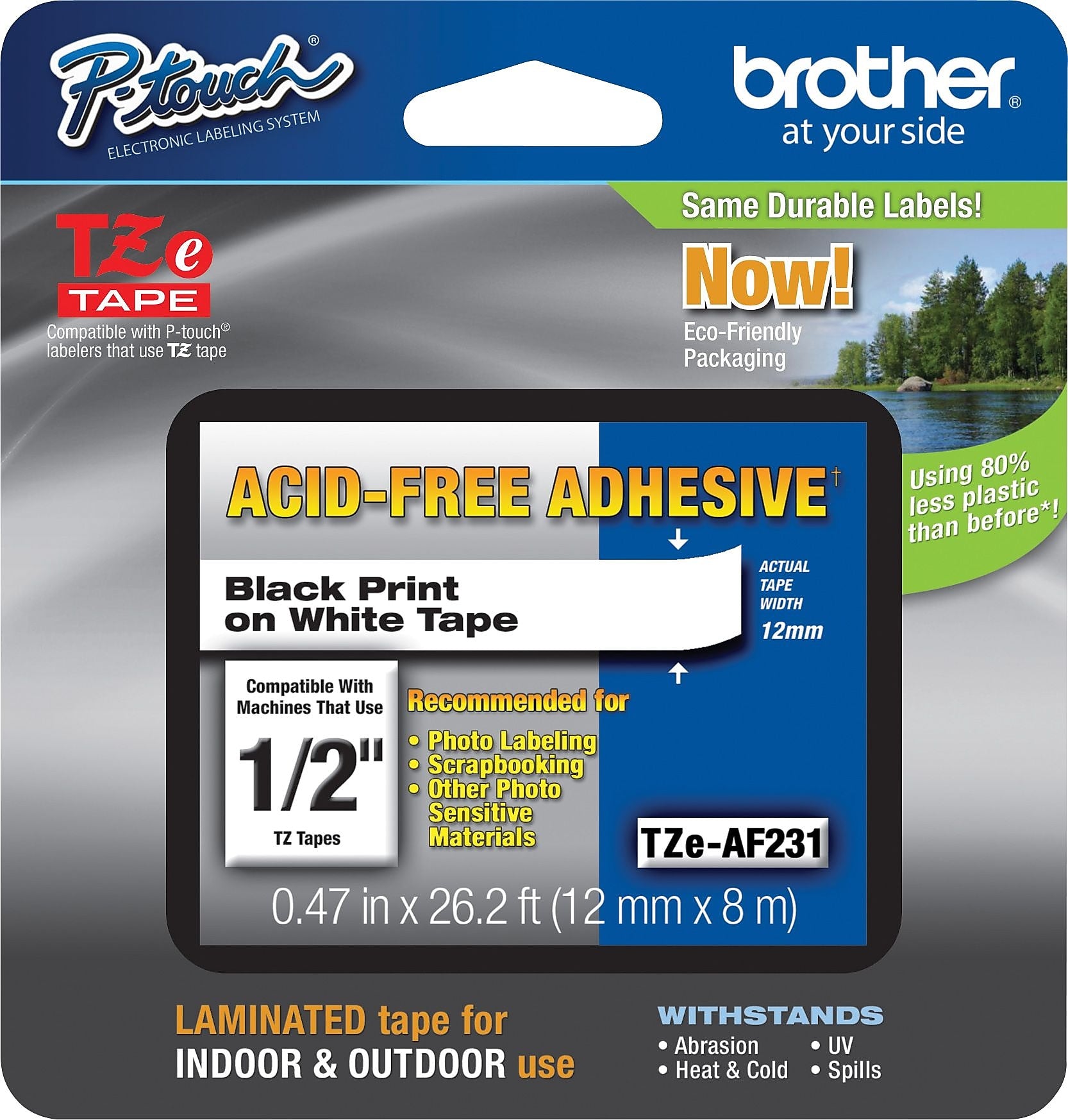 Brother P-touch TZe-AF231 Laminated Acid Free / Photo Safe Label Maker Tape, 1/2" x 26-2/10', Black on White (TZe-AF231)