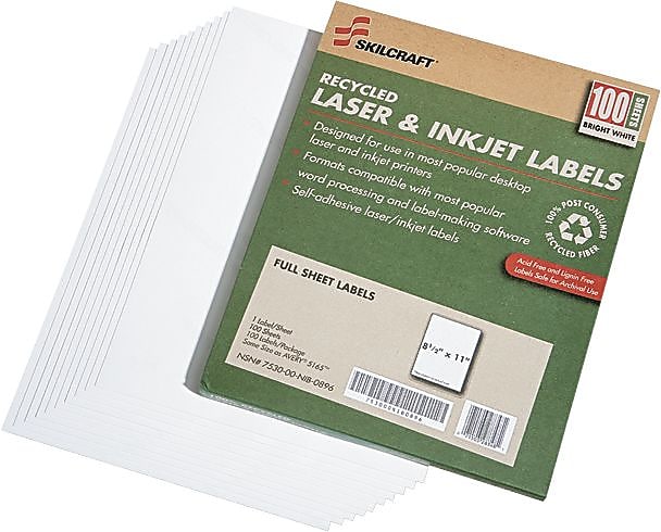 AbilityOne Recycled Full-sheet Labels, Inkjet/Laser, 100 Sh/Bx, White