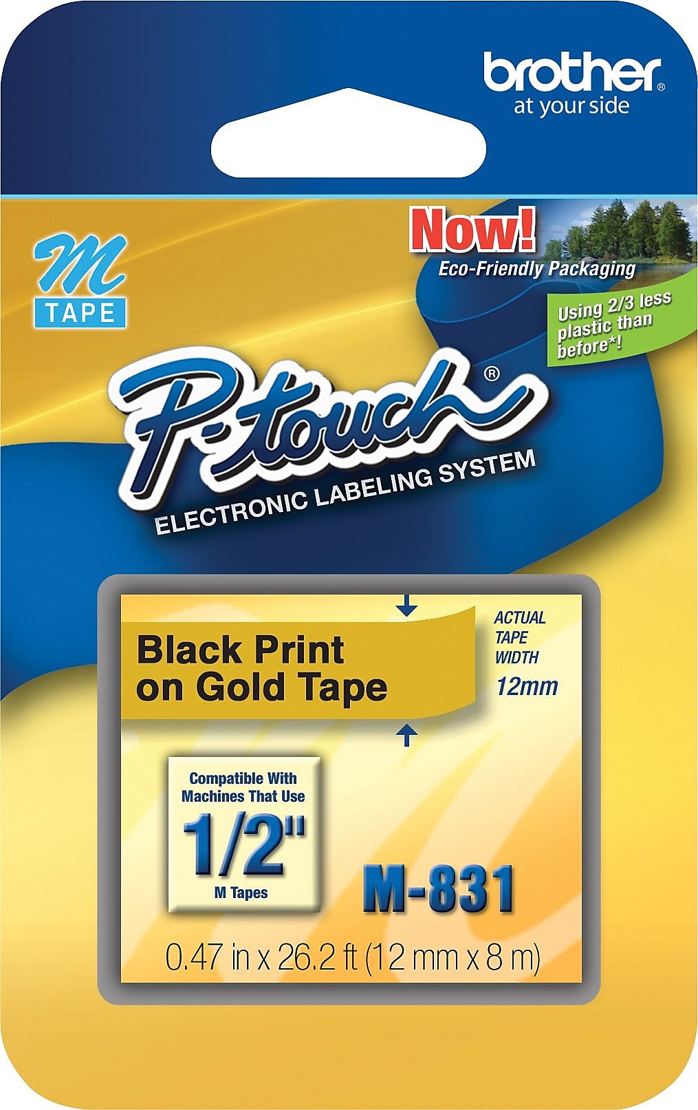 Brother P-touch M-831 Label Maker Tape, 1/2" x 26-2/10', Black on Gold (M-831)