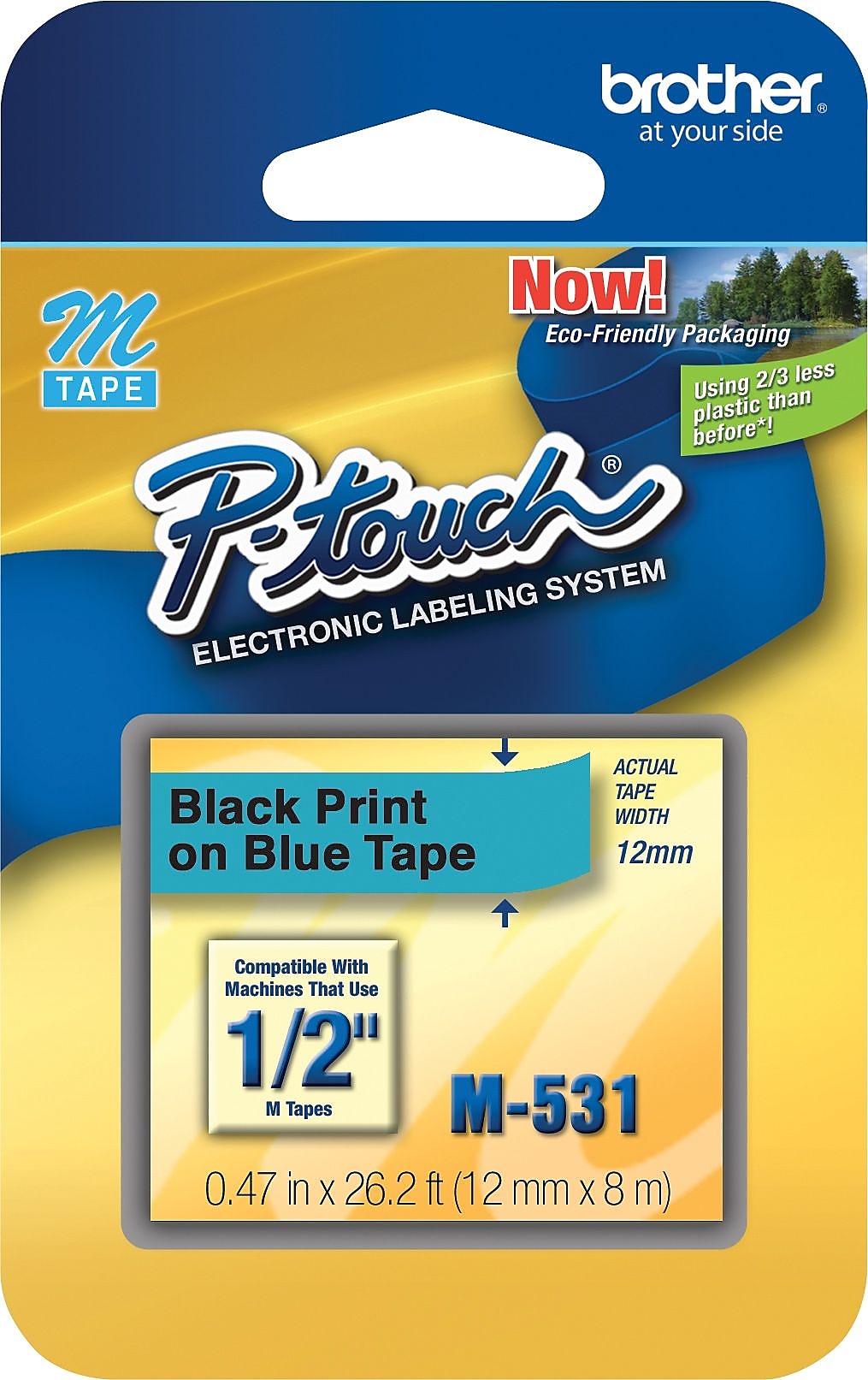 Brother P-touch M-531 Label Maker Tape, 1/2" x 26-2/10', Black on Blue (M-531)