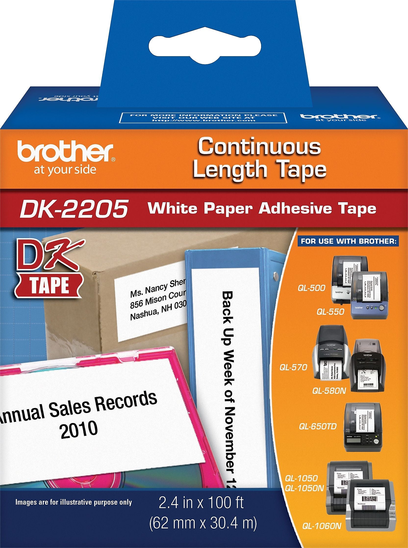 Brother DK-2205 Wide Width Continuous Paper Labels, 2-4/10" x 100', Black on White (DK-2205)