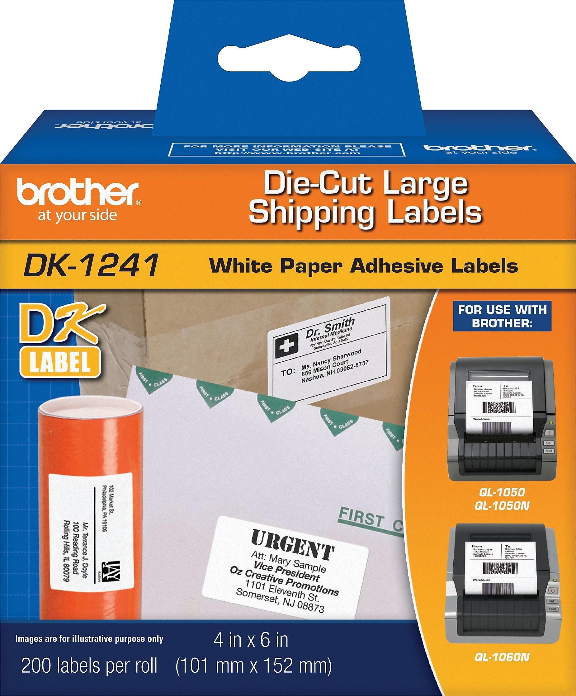 Brother DK-1241 Large Shipping Paper Labels, 6" x 4", Black on White, 200 Labels/Roll (DK-1241)