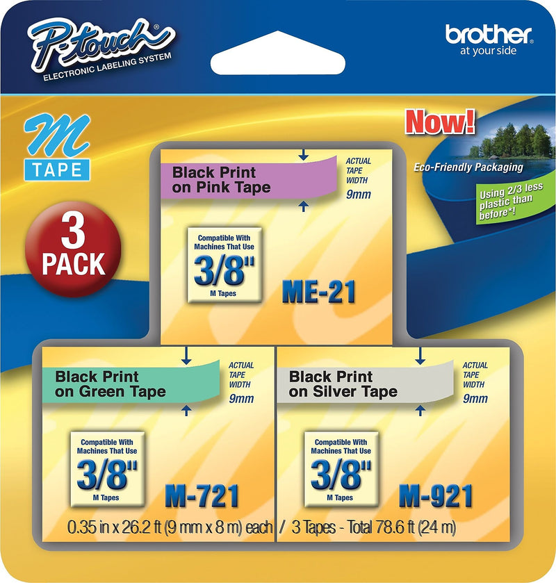 Brother P-touch M-E793 Label Maker Tape, 3/8" x 26-2/10', Black on Assorted Colors, 3/Pack (M-E793)