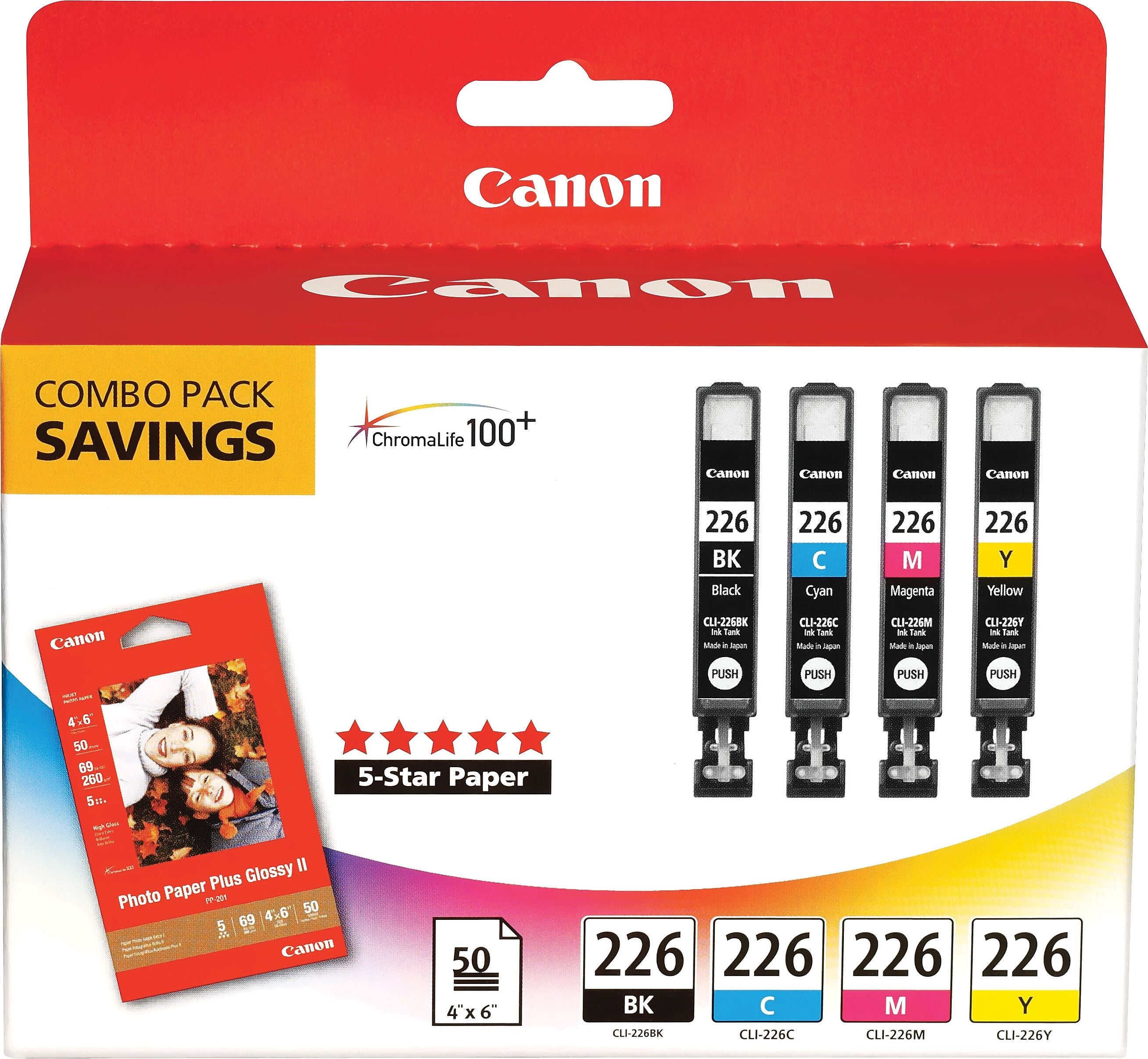 Canon 226 Black/Cyan/Magenta/Yellow Standard Yield Ink Cartridge with Photo Paper, 4/Pack (4546B007)