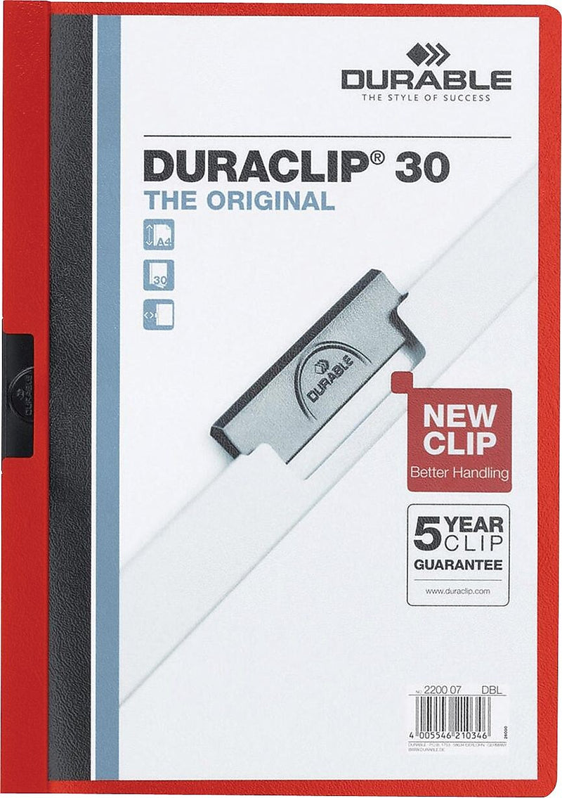 Durable Vinyl DuraClip Report Cover w/Clip, Letter, Holds 30 Pages, Clear/Red, 25/BX