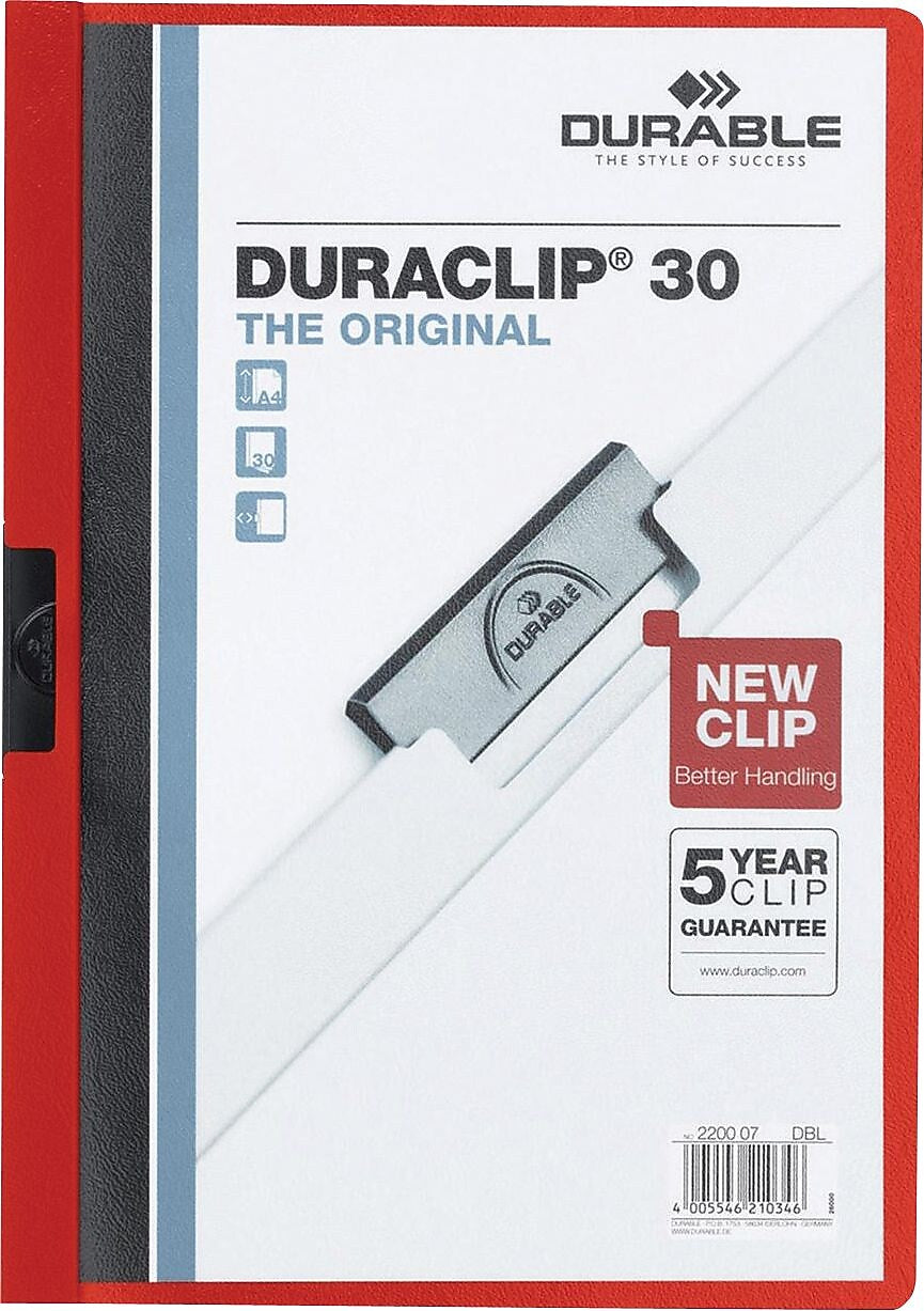 Durable Vinyl DuraClip Report Cover w/Clip, Letter, Holds 30 Pages, Clear/Red, 25/BX